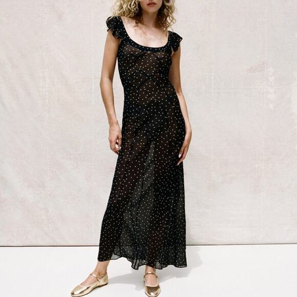 NWT Realisation Lila Silk Polka Dot Short Sleeve Bias Slip Maxi Dress Celestial - Picture 5 of 16